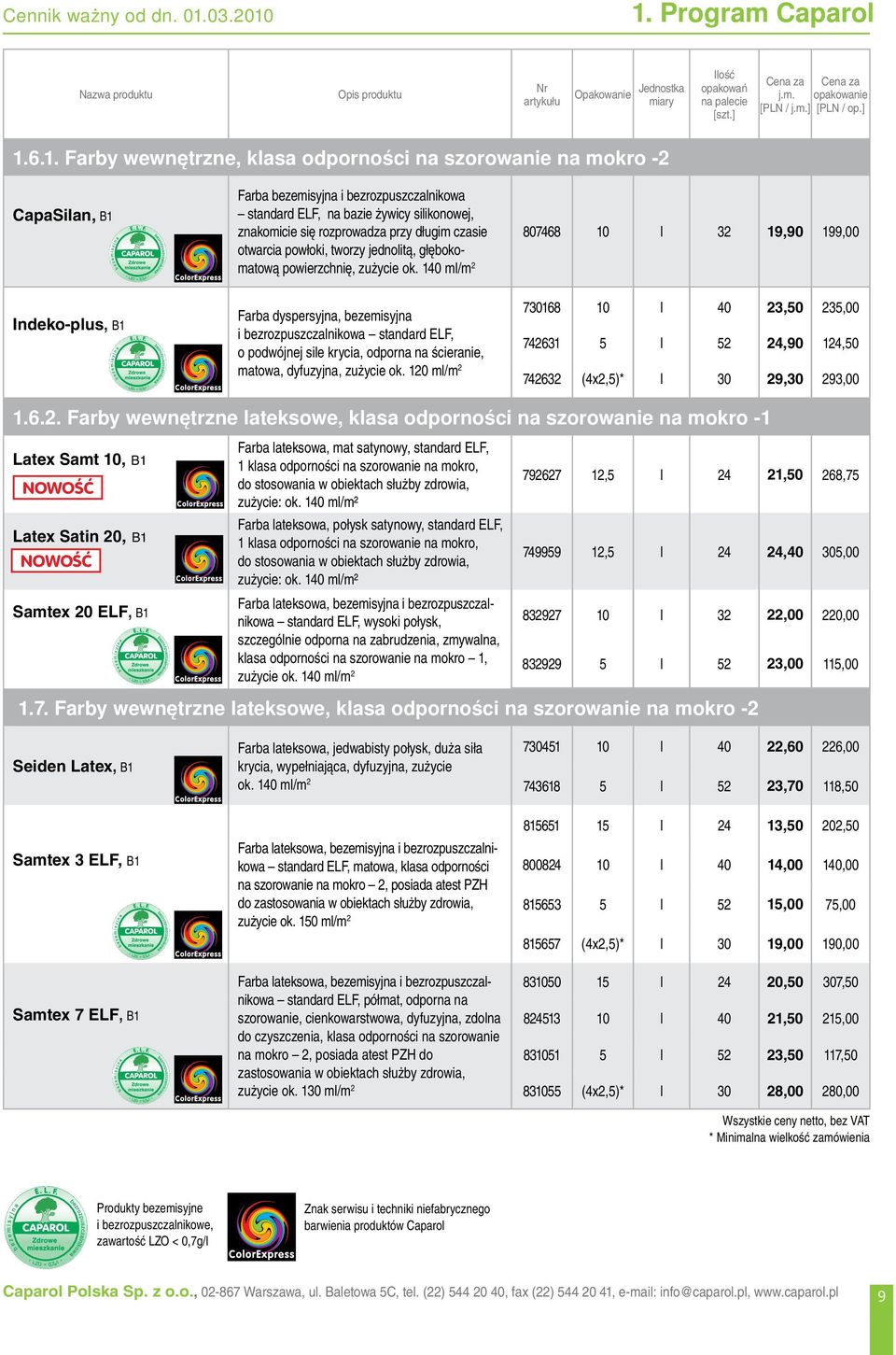 1. Program Caparol Opakowanie Jednostka j.m. opakowanie [PLN / j.m.] [PLN / op.] 1.6.1. Farby wewnętrzne, klasa odporności na szorowanie na mokro -2 CapaSilan, B1 Farba bezemisyjna i