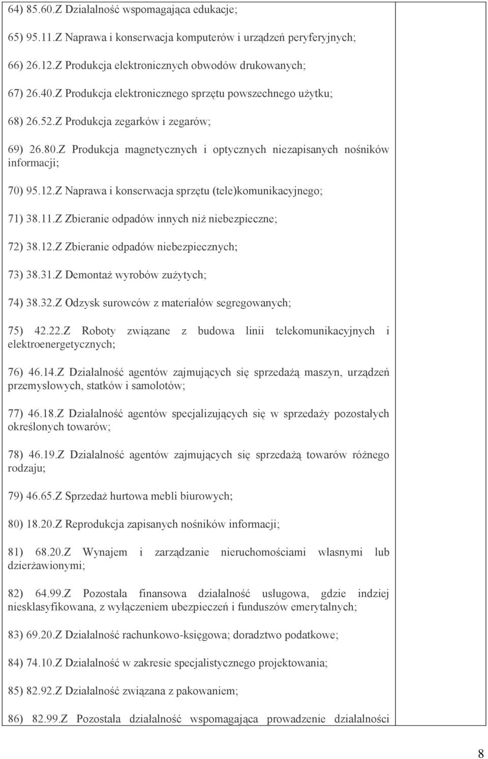 Z Naprawa i konserwacja sprzętu (tele)komunikacyjnego; 71) 38.11.Z Zbieranie odpadów innych niż niebezpieczne; 72) 38.12.Z Zbieranie odpadów niebezpiecznych; 73) 38.31.