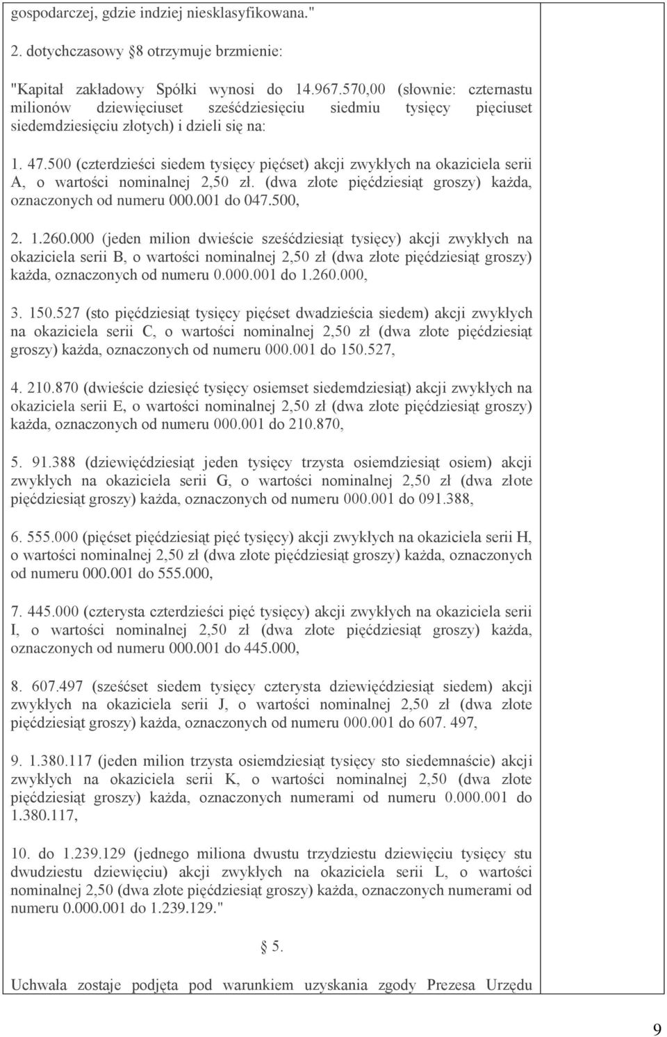 500 (czterdzieści siedem tysięcy pięćset) akcji zwykłych na okaziciela serii A, o wartości nominalnej 2,50 zł. (dwa złote pięćdziesiąt groszy) każda, oznaczonych od numeru 000.001 do 047.500, 2. 1.