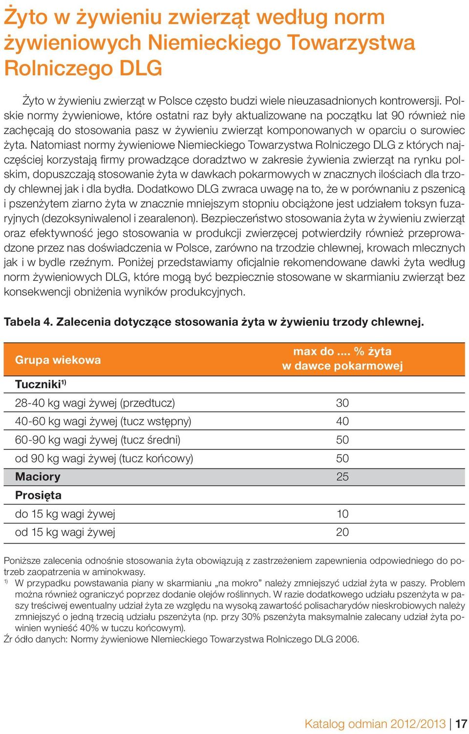 Natomiast normy żywieniowe Niemieckiego Towarzystwa Rolniczego DLG z których najczęściej korzystają fi rmy prowadzące doradztwo w zakresie żywienia zwierząt na rynku polskim, dopuszczają stosowanie