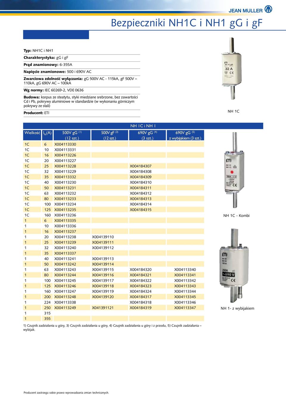 Producent: ETI NH 1C NH 1C i NH 1 Wielkość l N (A) 500V gg (1) (12 szt.) 500V gf (3) (12 szt.) 90V gg () (3 szt.) 90V gg (5) z wybijakiem (3 szt.