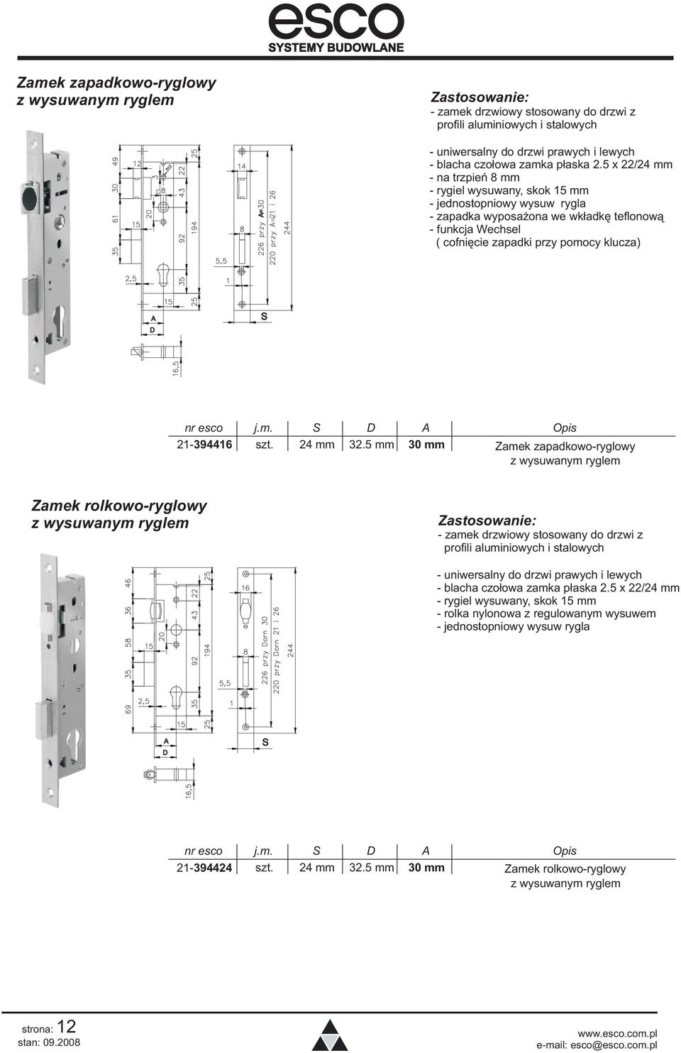 klucza) A D S nr esco j.m. S D A Opis 21-394416 szt. 24 mm 32.