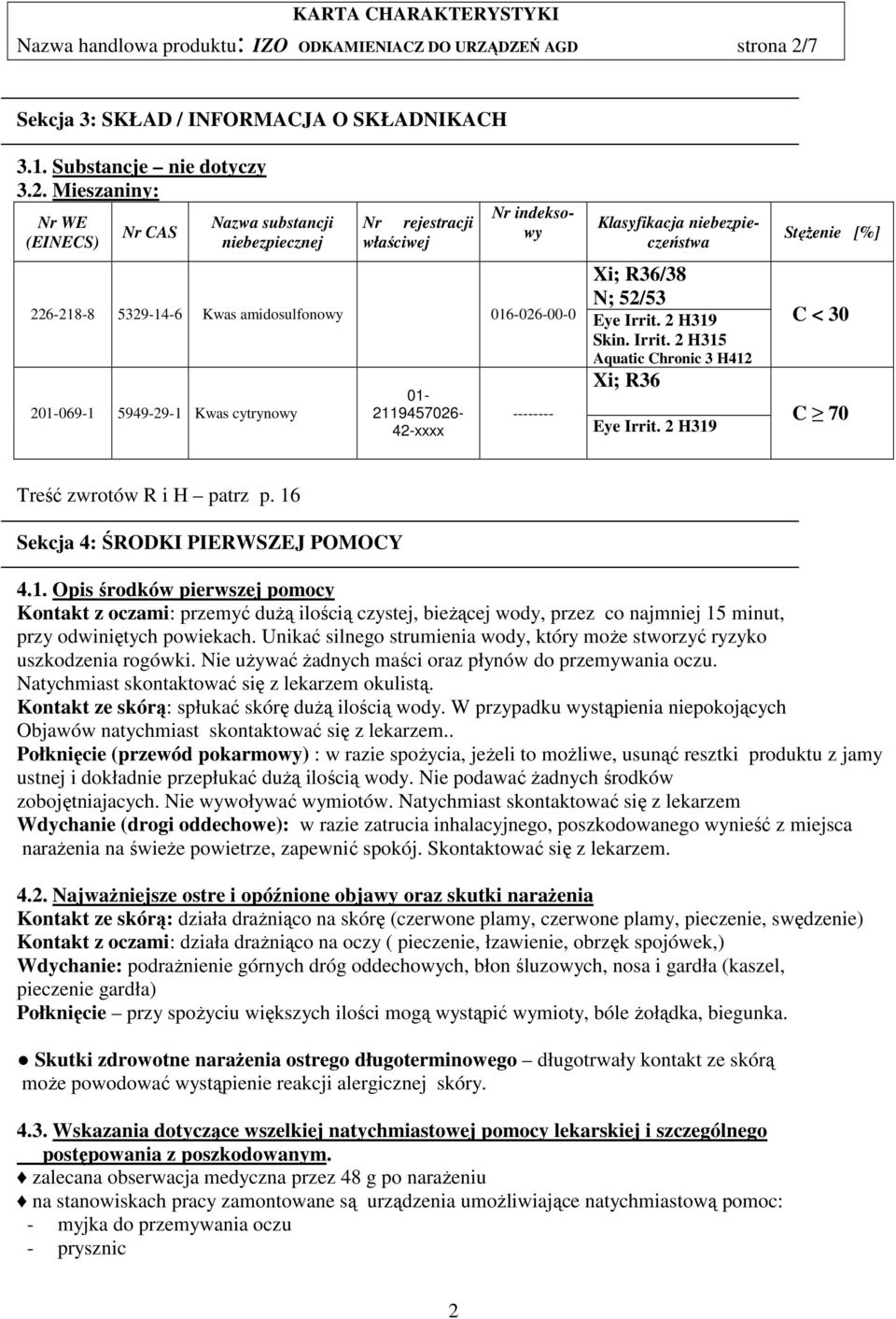 Mieszaniny: Nr WE (EINECS) Nr CAS Nazwa substancji niebezpiecznej Nr rejestracji właściwej Nr indeksowy Xi; R36/38 N; 52/53 226-218-8 5329-14-6 Kwas amidosulfonowy 016-026-00-0 Eye Irrit. 2 H319 Skin.