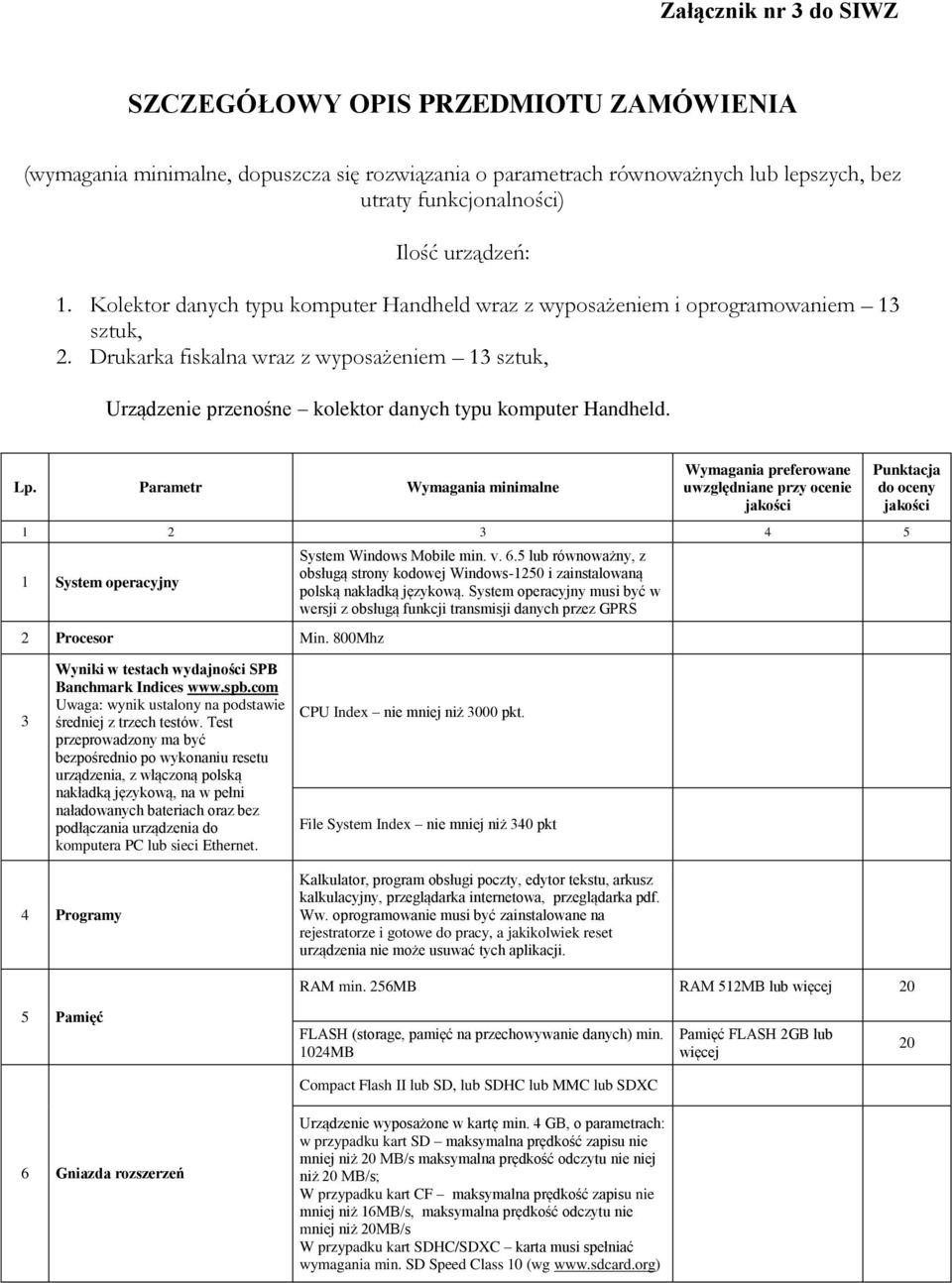 Lp. Parametr Wymagania minimalne Wymagania preferowane uwzględniane przy ocenie 1 2 3 4 5 1 System operacyjny 2 Procesor Min. 800Mhz System Windows Mobile min. v. 6.