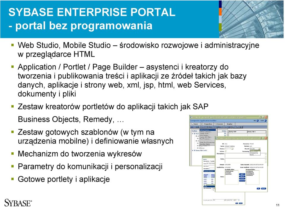 xml, jsp, html, web Services, dokumenty i pliki Zestaw kreatorów portletów do aplikacji takich jak SAP Business Objects, Remedy, Zestaw gotowych