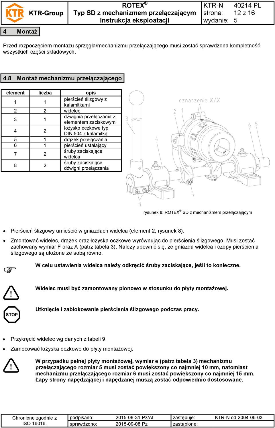 drążek przełączania 6 1 pierścień ustalający 7 2 śruby zaciskające widelca 8 2 śruby zaciskające dźwigni przełączania rysunek 8: SD z mechanizmem przełączającym Pierścień ślizgowy umieścić w