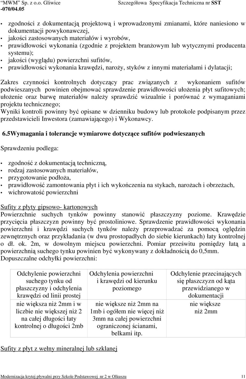 dotyczący prac związanych z wykonaniem sufitów podwieszanych powinien obejmować sprawdzenie prawidłowości ułożenia płyt sufitowych; ułożenie oraz barwę materiałów należy sprawdzić wizualnie i