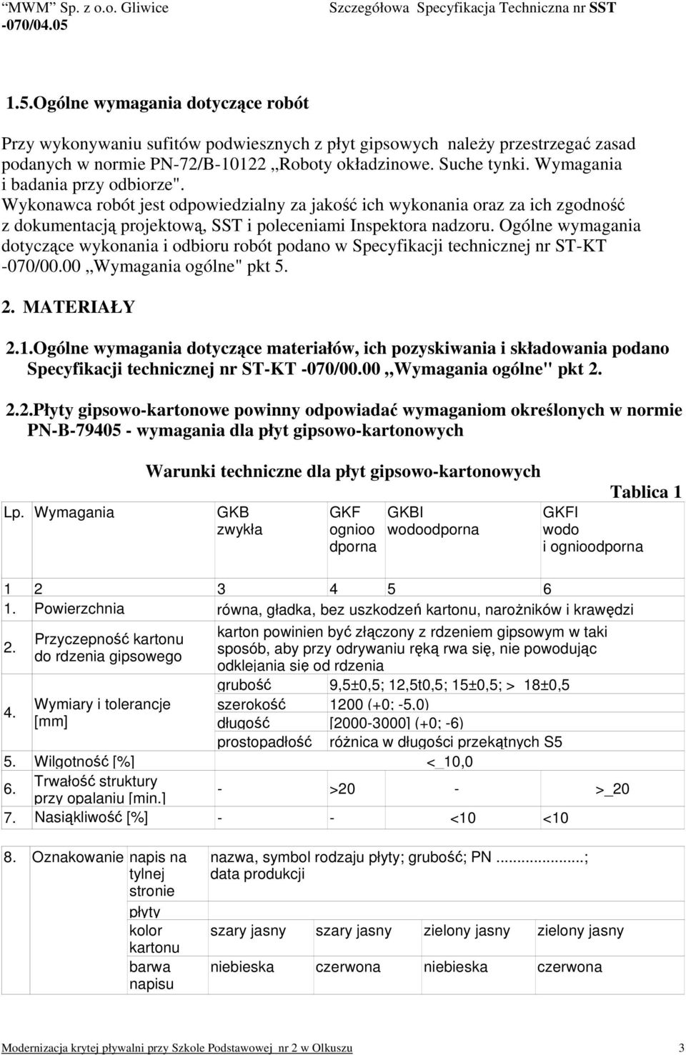 Ogólne wymagania dotyczące wykonania i odbioru robót podano w Specyfikacji technicznej nr ST-KT -070/00.00 Wymagania ogólne" pkt 5. 2. MATERIAŁY 2.1.
