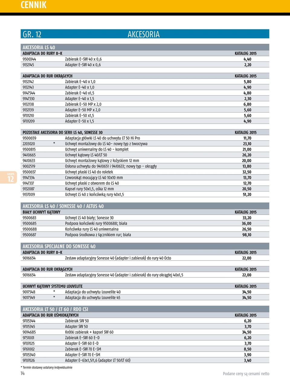 E-50 x1,5 5,60 9701209 Adapter E-50 x 1,5 4,90 12 POZOSTAŁE AKCESORIA DO SERII LS 40, SONESSE 30 KATALOG 2015 9500659 Adaptacja główki LS 40 do uchwytu LT 50 Hi Pro 11,70 2203020 * Uchwyt montażowy