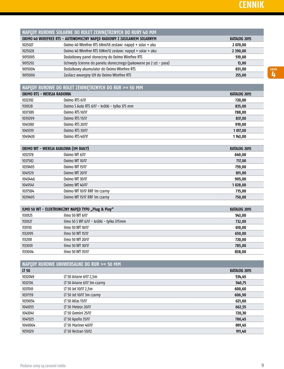 słonecznego (pakowane po 2 szt - para) 13,00 9015004 Dodatkowy akumulator do Oximo Wirefree RTS 831,00 9015006 Zasilacz awaryjny 12V do Oximo Wirefree RTS 255,00 4 NAPĘDY RUROWE DO ROLET ZEWNĘTRZNYCH