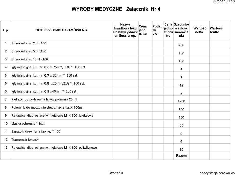 Igły injekcyjne j.u. nr. 0,8 xmm/1g * 0 szt. 6 Igły injekcyjne j.u. nr. 0,9 xmm * 0 szt. 7 Kieliszki do podawania leków pojemnik ml 8 Pojemniki do moczu nie ster. z nakrętką.