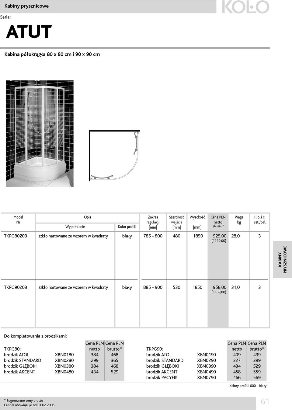 STANDARD XBN0280 299 365 brodzik GŁĘBOKI XBN0380 384 468 brodzik AKCENT XBN0480 434 529 TKPG90: brutto* brodzik ATOL XBN0190 409 499