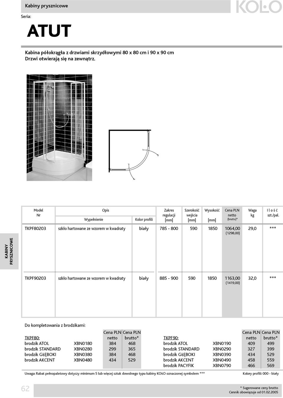 brutto* brodzik ATOL XBN0180 384 468 brodzik STANDARD XBN0280 299 365 brodzik GŁĘBOKI XBN0380 384 468 brodzik AKCENT XBN0480 434 529 TKPF90: brutto* brodzik ATOL XBN0190 409 499