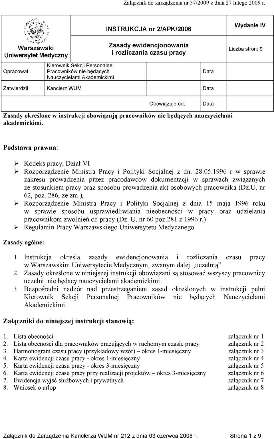 Obowiązuje od: Data Zasady określone w instrukcji obowiązują pracowników nie nauczycielami akademickimi. Podstawa prawna: Kodeks, Dział VI Rozporządzenie Ministra Pracy i Polityki Socjalnej z dn. 28.