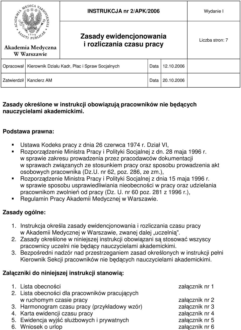 Dział VI, Rozporządzenie Ministra Pracy i Polityki Socjalnej z dn. 28 maja 1996 r.