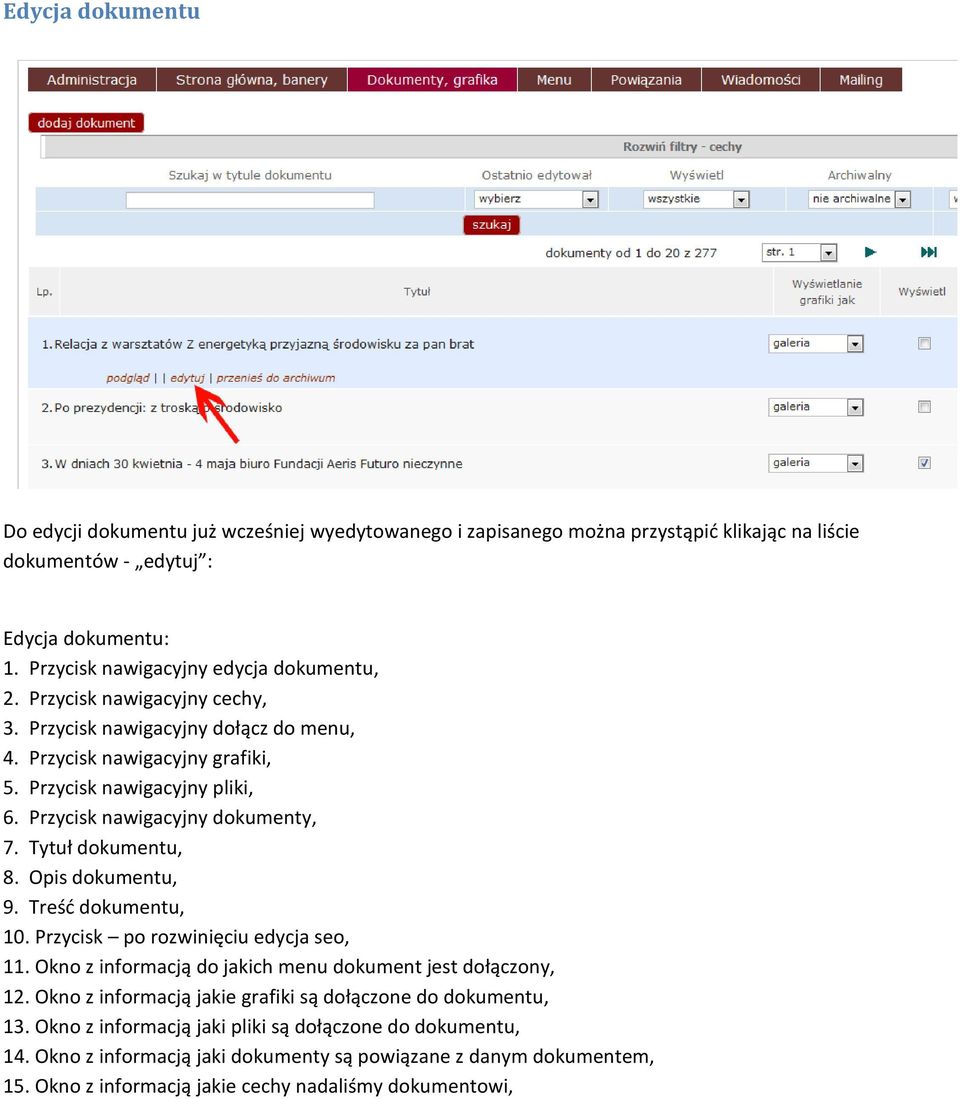 Przycisk nawigacyjny dokumenty, 7. Tytuł dokumentu, 8. Opis dokumentu, 9. Treść dokumentu, 10. Przycisk po rozwinięciu edycja seo, 11.