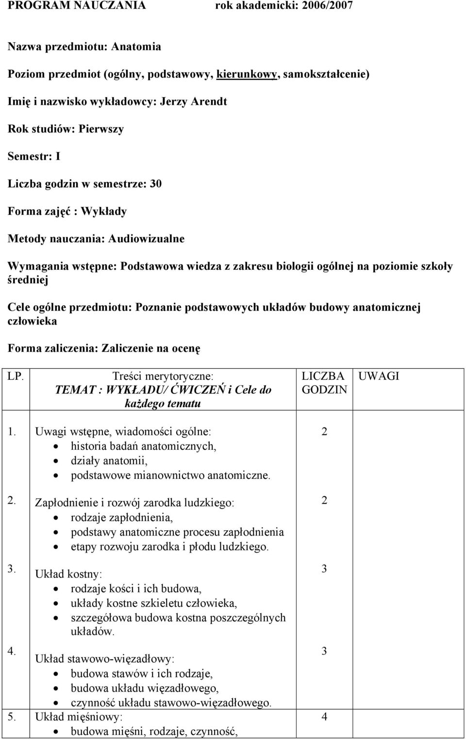 przedmiotu: Poznanie podstawowych układów budowy anatomicznej człowieka Forma zaliczenia: Zaliczenie na ocenę LP.