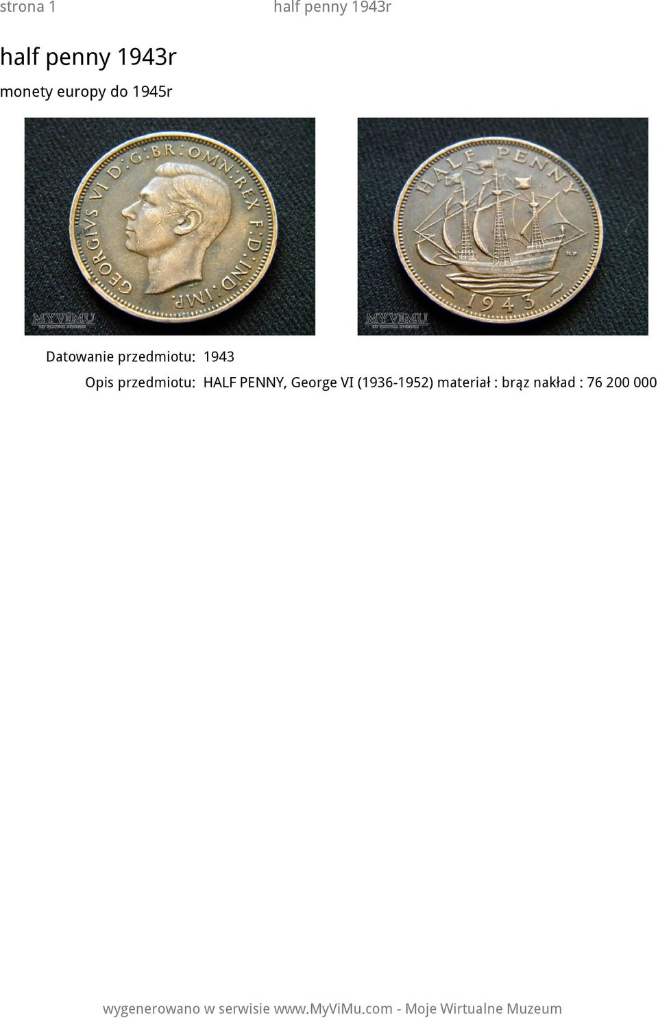 przedmiotu: HALF PENNY, George VI