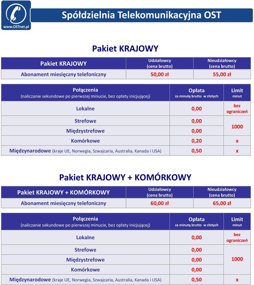 KRAJOWY + KOMÓRKOWY Pakiet KRAJOWY + KOMÓRKOWY Abonament miesięczny telefoniczny 60,00 zł