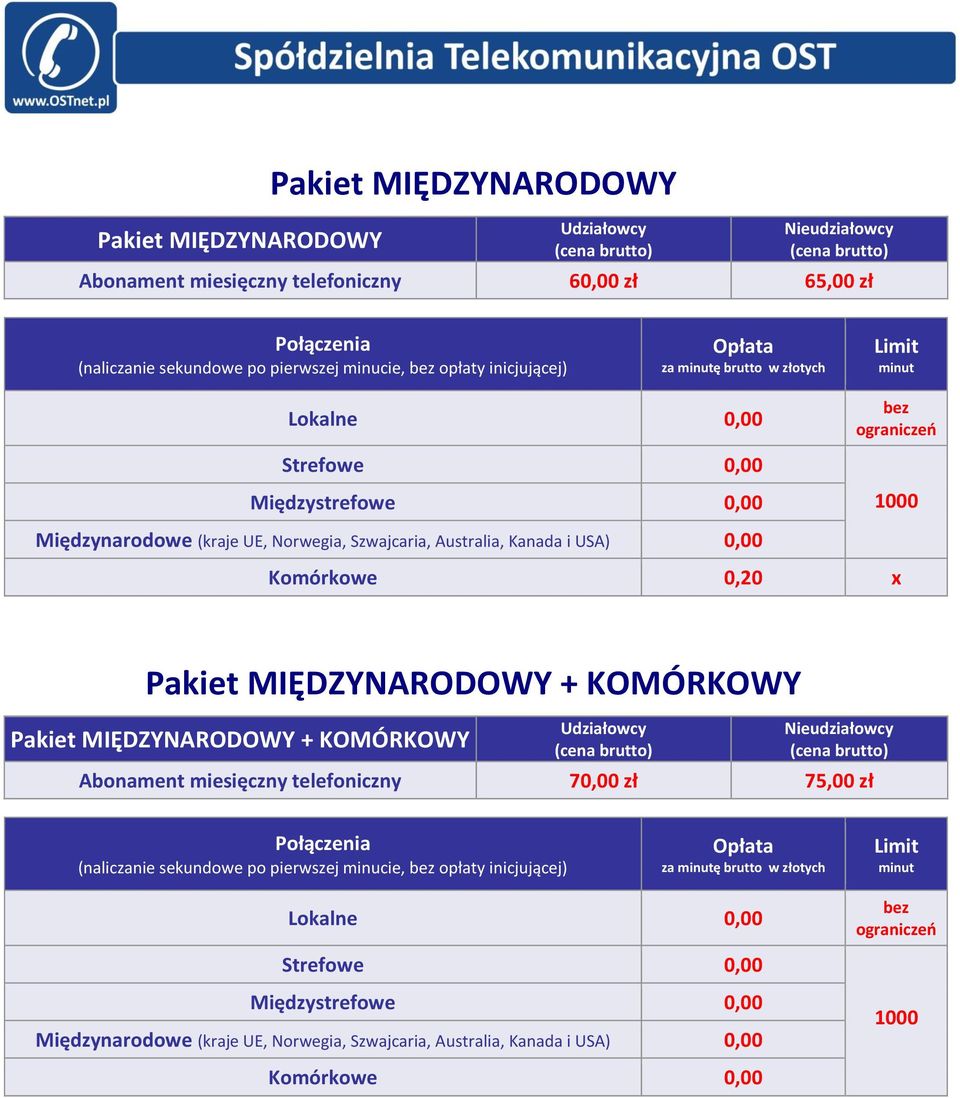 Pakiet MIĘDZYNARODOWY + KOMÓRKOWY Pakiet MIĘDZYNARODOWY + KOMÓRKOWY Abonament miesięczny