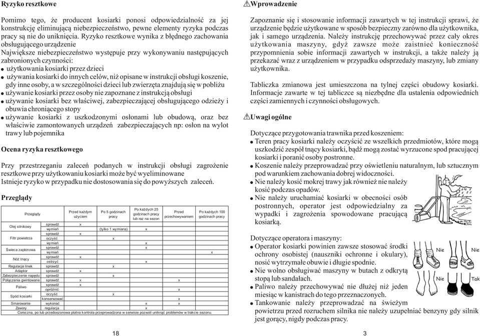 u ywania kosiarki do innych celów, ni opisane w instrukcji obs³ugi koszenie, gdy inne osoby, a w szczególnoœci dzieci lub zwierzêta znajduj¹ siê w pobli u u ywanie kosiarki przez osoby nie zapoznane