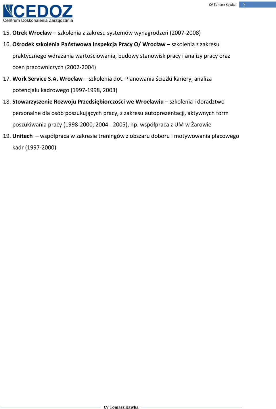 (2002-2004) 17. Work Service S.A. Wrocław szkolenia dot. Planowania ścieżki kariery, analiza potencjału kadrowego (1997-1998, 2003) 18.