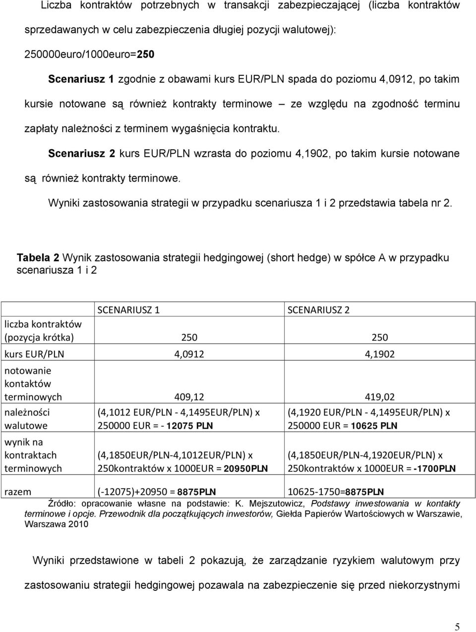 Scenariusz 2 kurs EUR/PLN wzrasta do poziomu 4,1902, po takim kursie notowane są również kontrakty terminowe. Wyniki zastosowania strategii w przypadku scenariusza 1 i 2 przedstawia tabela nr 2.