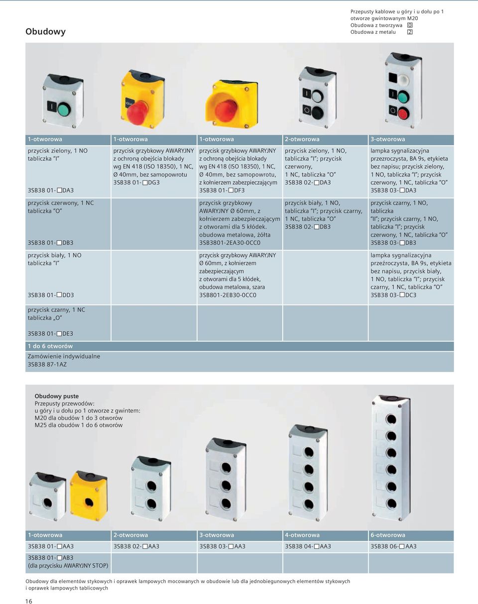 418 (ISO 18350), 1 NC, Ø 40mm, bez samopowrotu, z kołnierzem zabezpieczającym 3SB38 01- DF3 przycisk zielony, 1 NO, tabliczka I ; przycisk czerwony, 1 NC, tabliczka O 3SB38 02- DA3 lampka