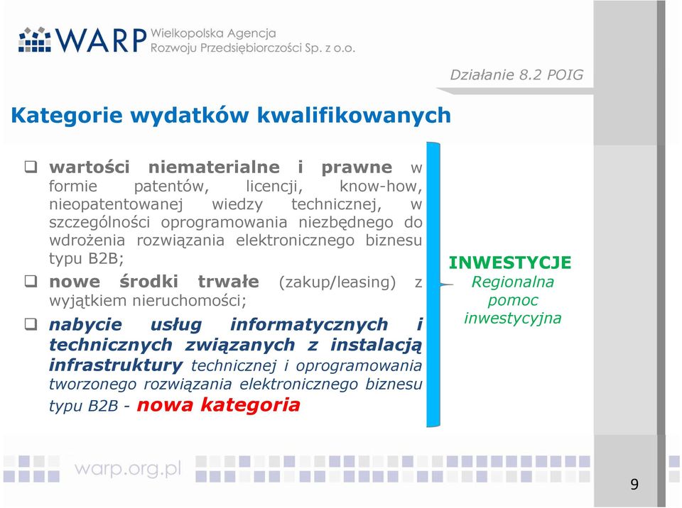 oprogramowania niezbędnego do wdrożenia rozwiązania elektronicznego biznesu typu B2B; nowe środki trwałe (zakup/leasing) z wyjątkiem