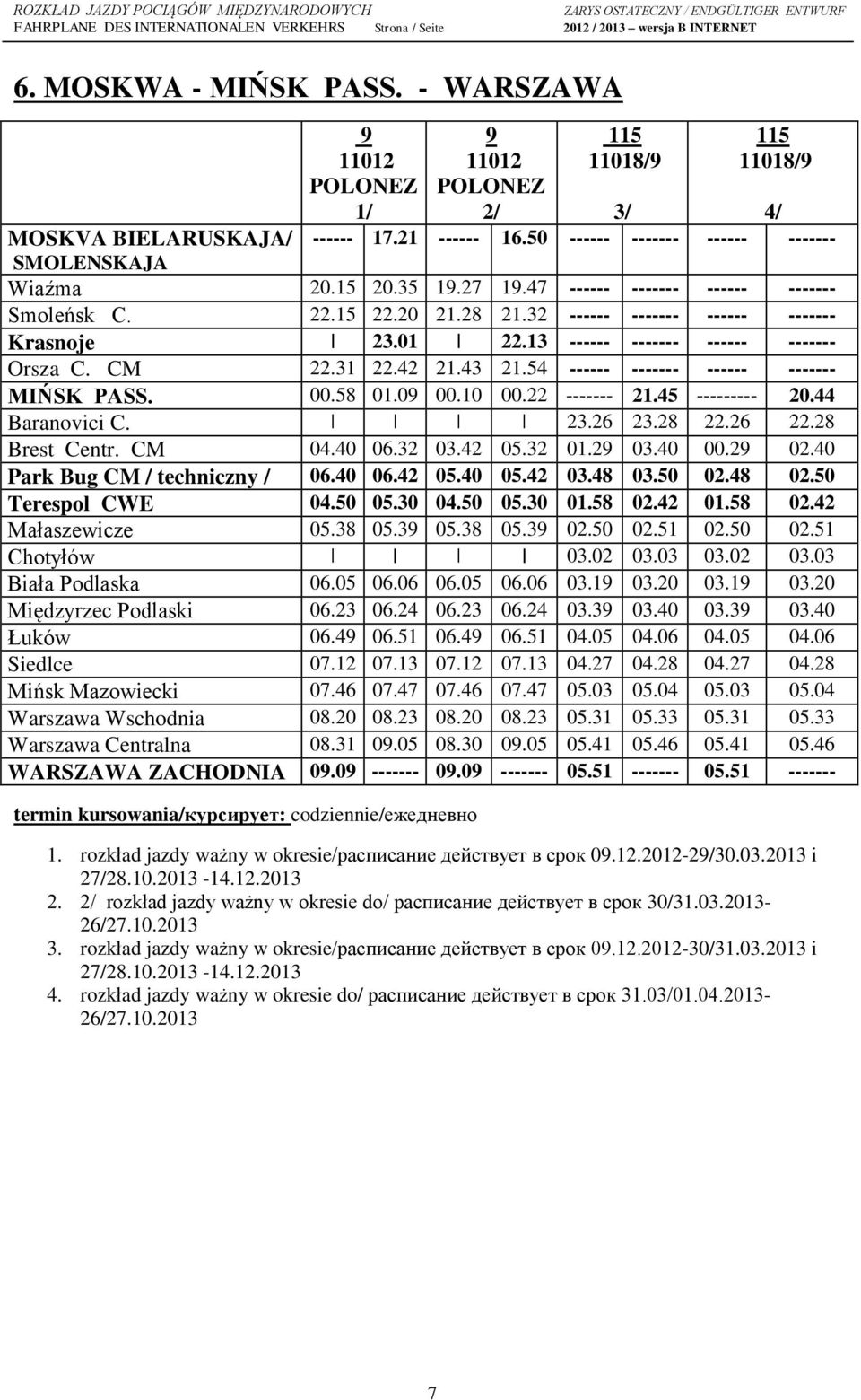 43 21.54 ------ ------- ------ ------- MIŃSK PASS. 00.58 01.09 00.10 00.22 ------- 21.45 --------- 20.44 Baranovici C. 23.26 23.28 22.26 22.28 Brest Centr. CM 04.40 06.32 03.42 05.32 01.29 03.40 00.