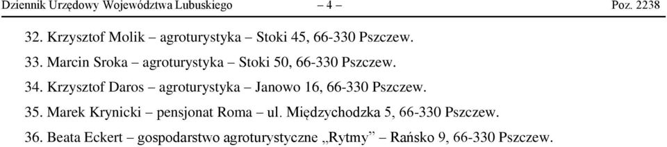 Marcin Sroka agroturystyka Stoki 50, 66-330 Pszczew. 34.