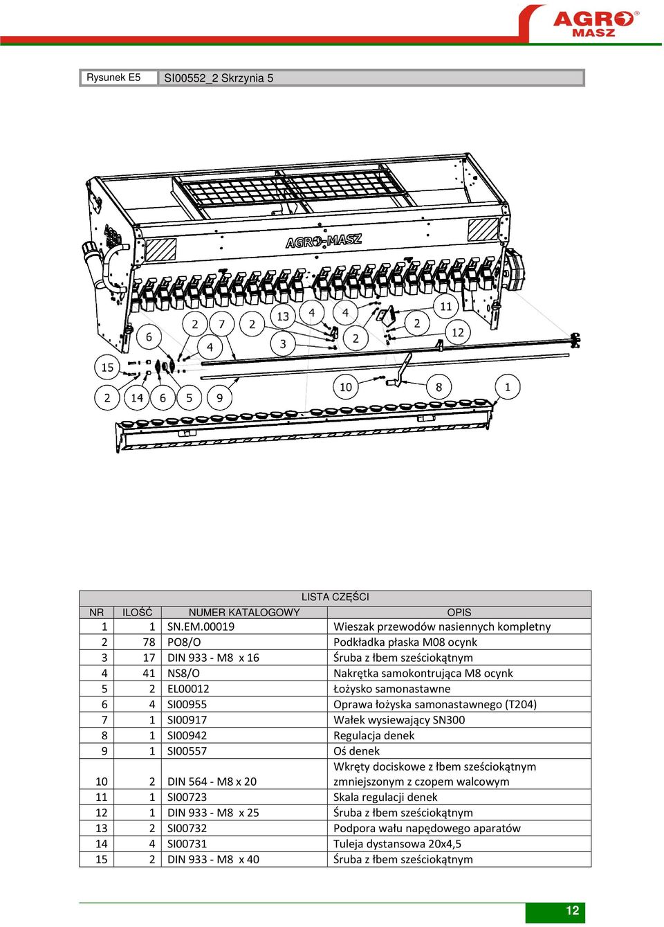 ocynk 5 2 EL00012 Łożysko samonastawne 6 4 SI00955 Oprawa łożyska samonastawnego (T204) 7 1 SI00917 Wałek wysiewający SN300 8 1 SI00942 Regulacja denek 9 1 SI00557 Oś denek