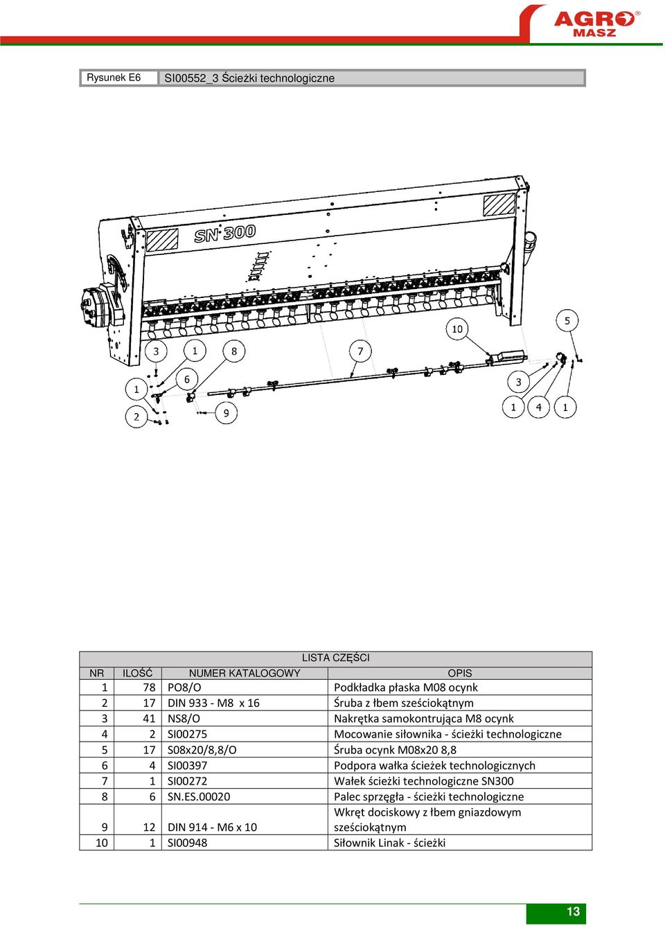 M08x20 8,8 6 4 SI00397 Podpora wałka ścieżek technologicznych 7 1 SI00272 Wałek ścieżki technologiczne SN300 8 6 SN.ES.