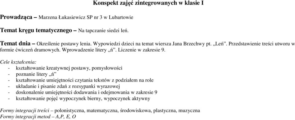 Cele kształcenia: - kształtowanie kreatywnej postawy, pomysłowości - poznanie litery ń - kształtowanie umiejętności czytania tekstów z podziałem na role - układanie i pisanie zdań z rozsypanki