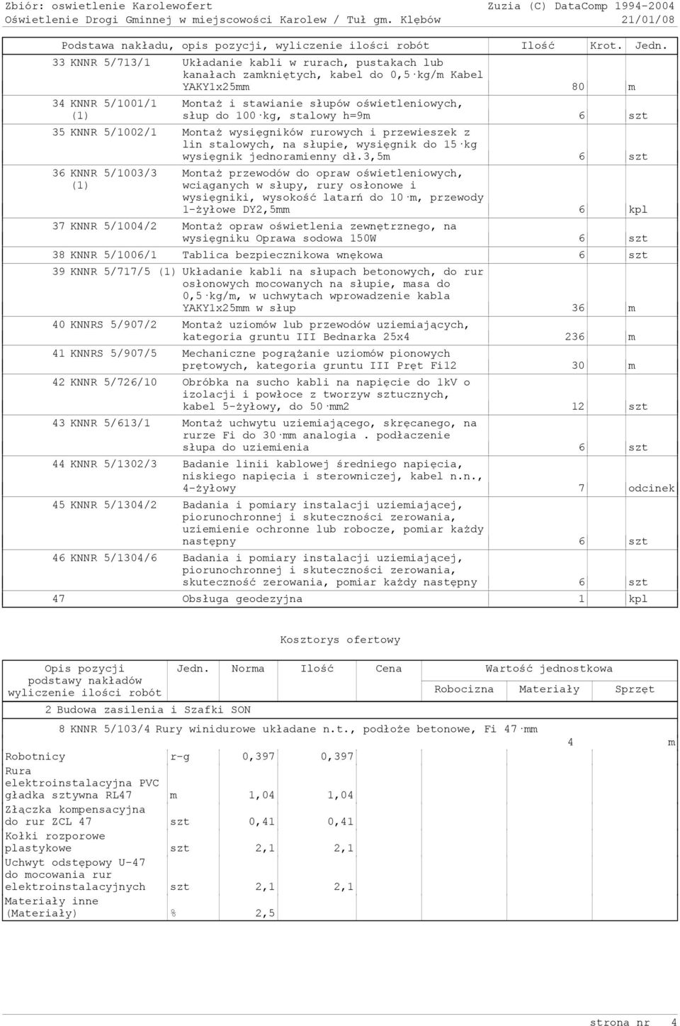 stalowy h=9m 35 KNNR 5/1002/1 MontaŜ wysięgników rurowych i przewieszek z lin stalowych, na słupie, wysięgnik do 15kg wysięgnik jednoramienny dł.
