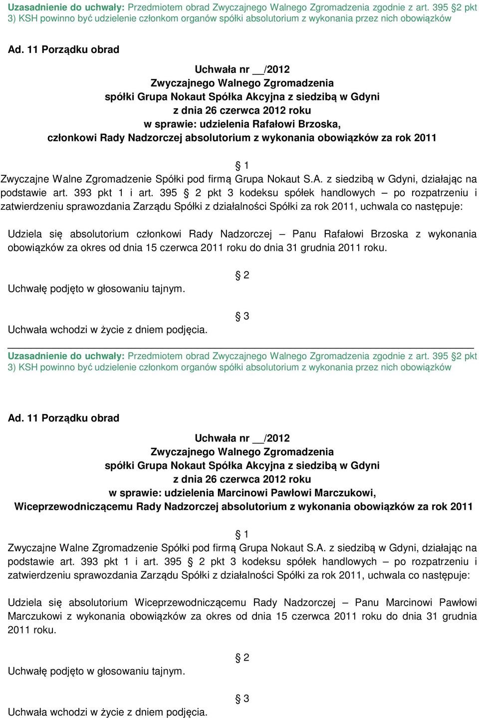 395 pkt 3 kodeksu spółek handlowych po rozpatrzeniu i Udziela się absolutorium członkowi Rady Nadzorczej Panu Rafałowi Brzoska z wykonania obowiązków za okres od dnia 15 czerwca 2011 roku do dnia 31