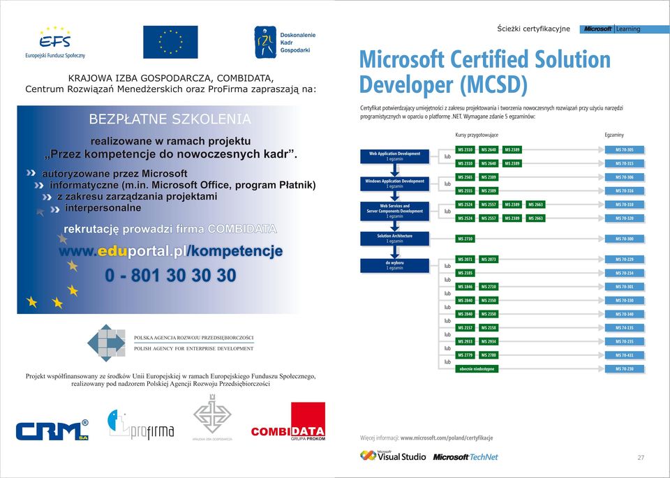 Wymagane zdanie 5 egzaminów: Web Application Development MS 2310 MS 2310 MS 2640 MS 2640 MS 70-305 MS 70-315 Windows Application Development MS 2565 MS 2555 MS 70-306 MS 70-316 Web Services and