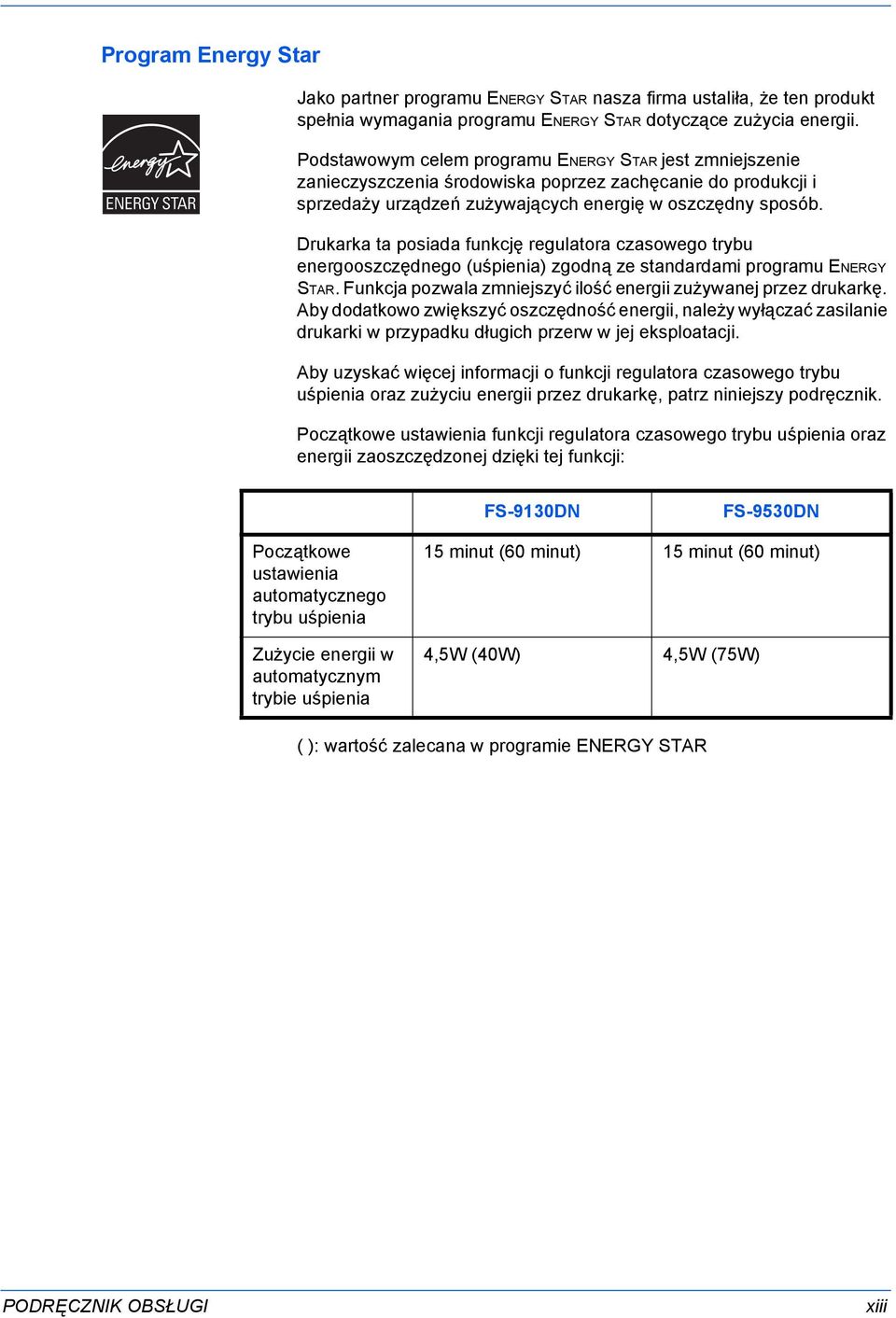 Drukarka ta posiada funkcję regulatora czasowego trybu energooszczędnego (uśpienia) zgodną ze standardami programu ENERGY STAR. Funkcja pozwala zmniejszyć ilość energii zużywanej przez drukarkę.