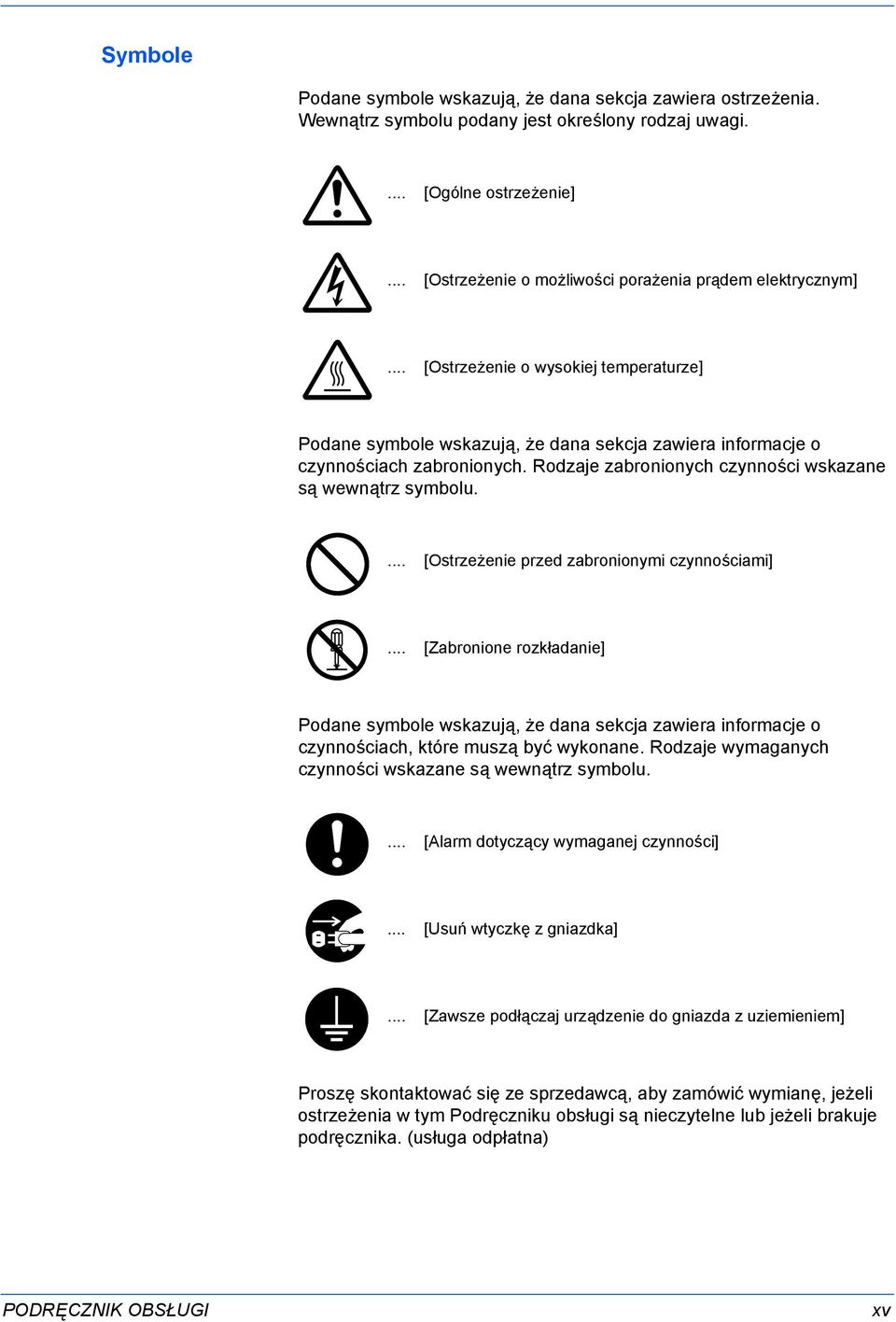 Rodzaje zabronionych czynności wskazane są wewnątrz symbolu.... [Ostrzeżenie przed zabronionymi czynnościami].