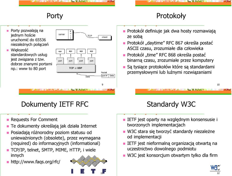 zrozumiaóe przez komputery Sćtysićce protokoóo w kto re sćstandardami przemysóowymi lub luńnymi rozwićzaniami 9 10 Dokumenty IETF RFC Standardy W3C Requests For Comment Te dokumenty okreslajćjak