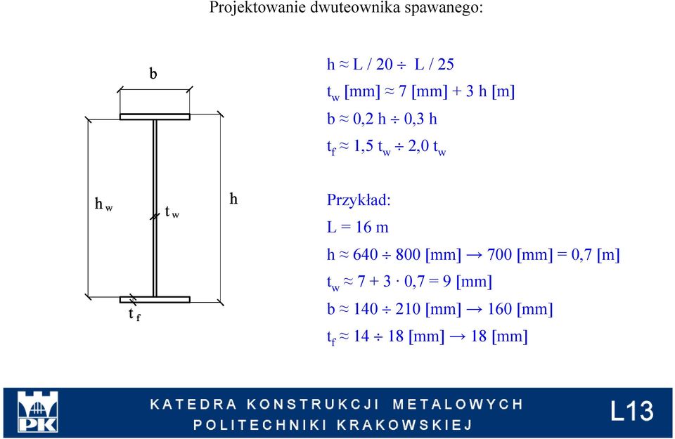 Przykład: L = 16 m h 640 800 [mm] 700 [mm] = 0,7 [m] t w 7