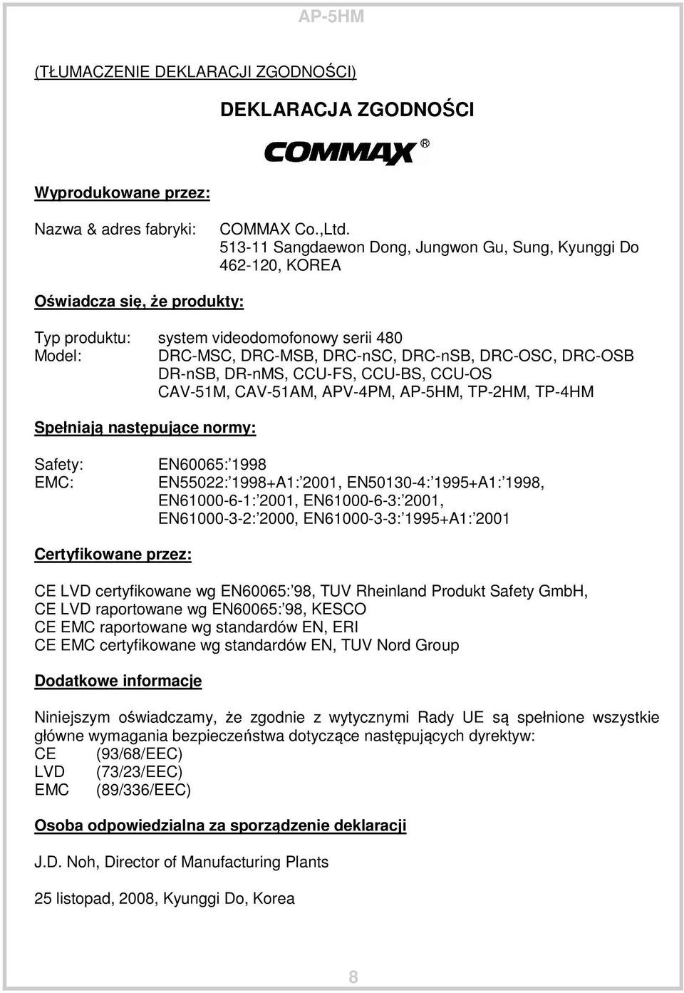 DRC-OSB DR-nSB, DR-nMS, CCU-FS, CCU-BS, CCU-OS CAV-51M, CAV-51AM, APV-4PM,, TP-2HM, TP-4HM Spełniają następujące normy: Safety: EMC: EN60065: 1998 EN55022: 1998+A1: 2001, EN50130-4: 1995+A1: 1998,