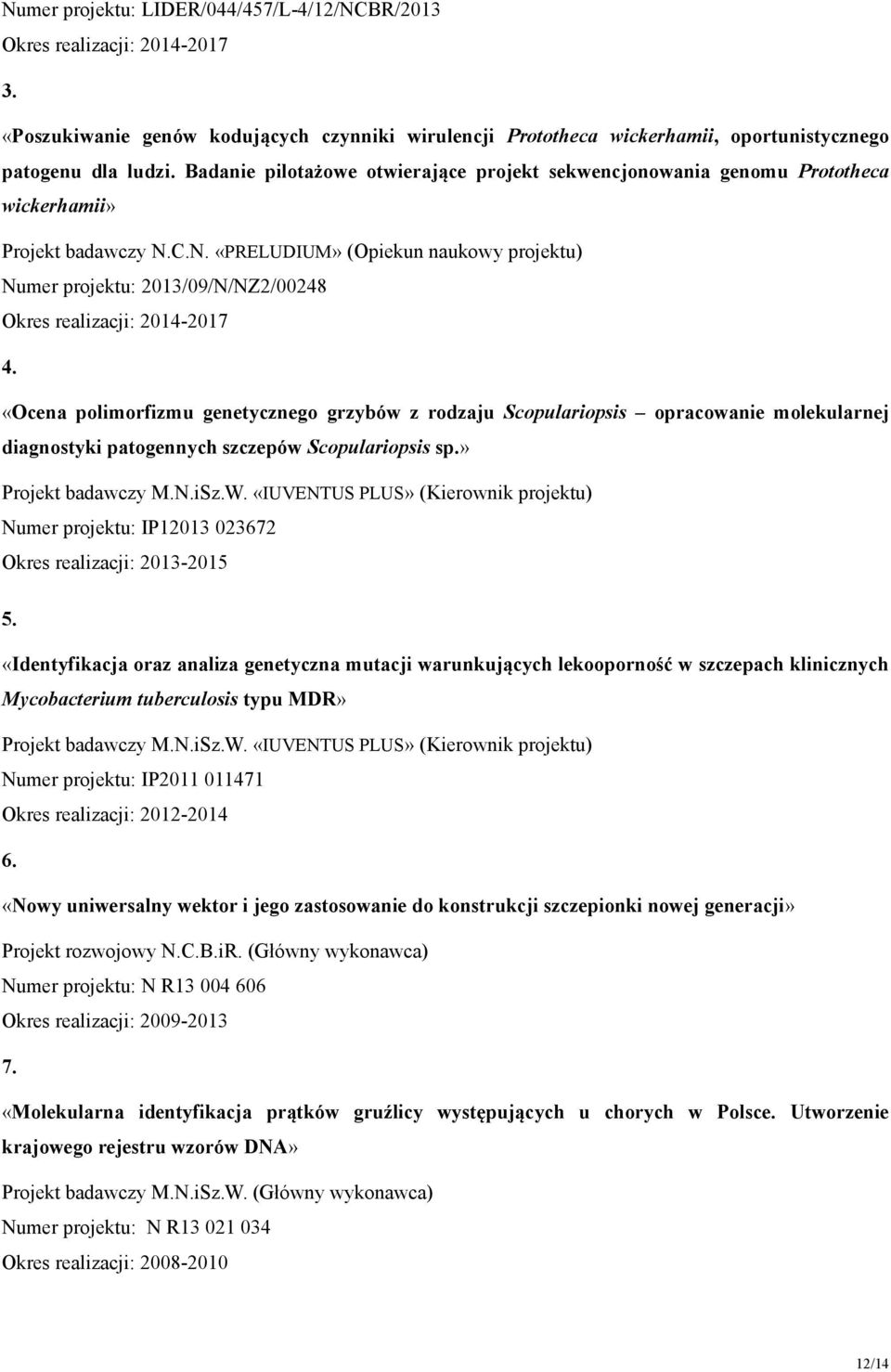 C.N. «PRELUDIUM» (Opiekun naukowy projektu) Numer projektu: 2013/09/N/NZ2/00248 Okres realizacji: 2014-2017 4.