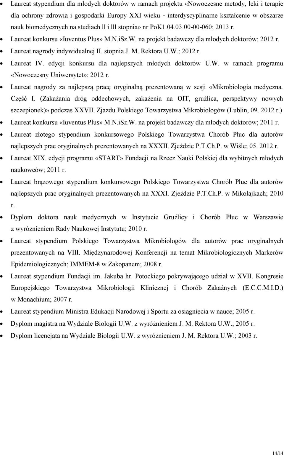 Laureat nagrody indywidualnej II. stopnia J. M. Rektora U.W.; 2012 r. Laureat IV. edycji konkursu dla najlepszych młodych doktorów U.W. w ramach programu «Nowoczesny Uniwersytet»; 2012 r.