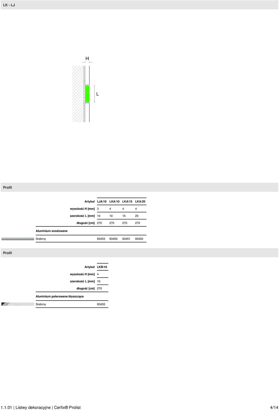 93451 93452 Artykuł LKB/10 wysokość H [mm] 4 szerokość L [mm] 10 długość [cm] 270