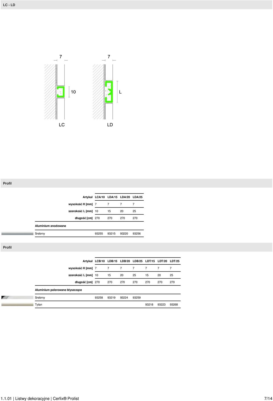 wysokość H [mm] 7 7 7 7 7 7 7 szerokość L [mm] 10 15 20 25 15 20 25 długość [cm] 270 270 270 270 270 270 270 Aluminium