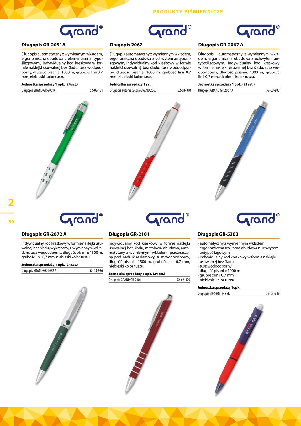 ) Długopis GRAND GR-2051A 52-02-151 Długopis automatyczny z wymiennym wkładem, ergonomiczna obudowa z uchwytem antypoślizgowym, indywidualny kod kreskowy w formie naklejki usuwalnej bez śladu, tusz