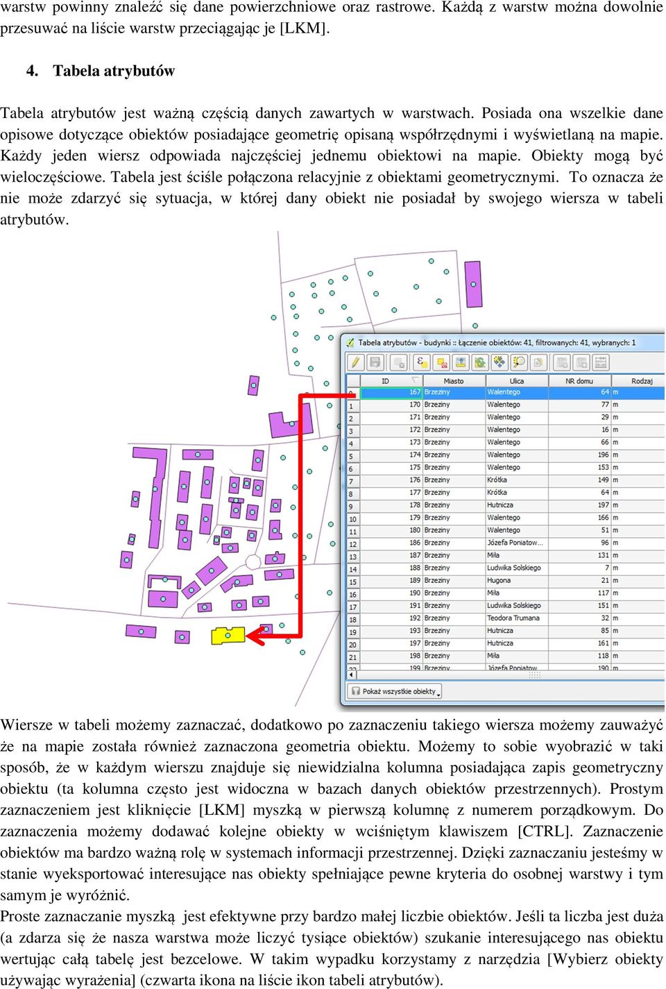 Posiada ona wszelkie dane opisowe dotyczące obiektów posiadające geometrię opisaną współrzędnymi i wyświetlaną na mapie. Każdy jeden wiersz odpowiada najczęściej jednemu obiektowi na mapie.