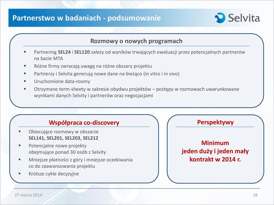 w rozmowach uwarunkowane wynikami danych Selvity i partnerów oraz negocjacjami Współpraca co-discovery Obiecujące rozmowy w obszarze SEL141, SEL201, SEL203, SEL212 Potencjalne nowe projekty