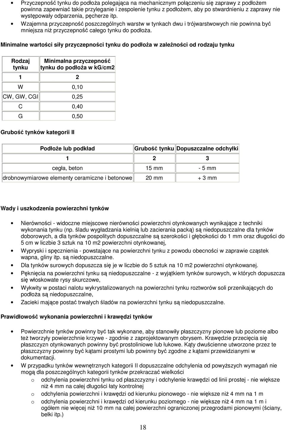 Minimalne wartości siły przyczepności tynku do podłoża w zależności od rodzaju tynku Rodzaj tynku Minimalna przyczepność tynku do podłoża w kg/cm2 1 2 W 0,10 CW, GW, CGI 0,25 C 0,40 G 0,50 Grubość